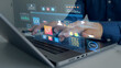 © Mer_Studio - UX-UI design web and user design development.Holographic UIUX, display icons of UX-UI designer, creative planning, data visualization. Web design, application design,coding develop.