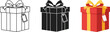 © DesignVirtuoso - A set of three stylized gift box icons, including an outline version, a solid black silhouette, and a vibrant red and gold present with a ribbon bow and a blank gift tag, ideal for Christmas, holidays