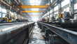 © Thanthara - Industrial factory interior with heavy metal machinery and steel beams in soft focus, showcasing spacious manufacturing environment filled with equipment and natural light
