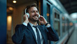© Maryna - Happy businessman listens to music through white headphones. Smiles, looking upwards, feeling relaxed waiting for train on busy city station platform. Pro executive enjoys personal audio experience