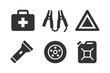 © Татьяна Петрова - Essential car emergency kit: icons of first aid, jumper cables, warning triangle.