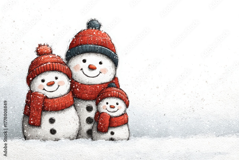 Three playful snowmen stand side by side in a winter wonderland, each wearing a warm red hat and scarf. Snowflakes gently fall around them, creating a festive atmosphere perfect for the season.