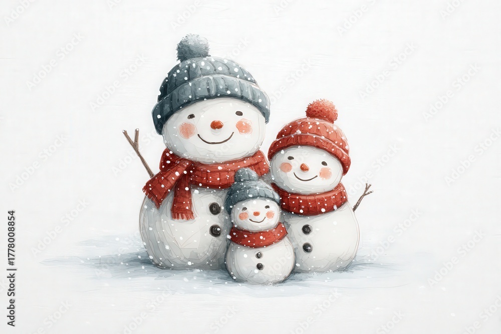 A snowman family stands in a snowy scene, smiling and wearing colorful hats and scarves. The joyful group includes a tall snowman with a medium-sized snowman and a smaller child snowman nearby.