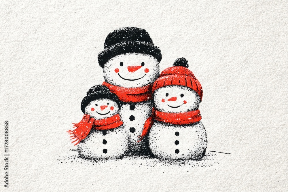 Three cheerful snowmen stand together, featuring black hats, red scarves, and a playful design. The background is simple and snowy, emphasizing a joyful winter season.