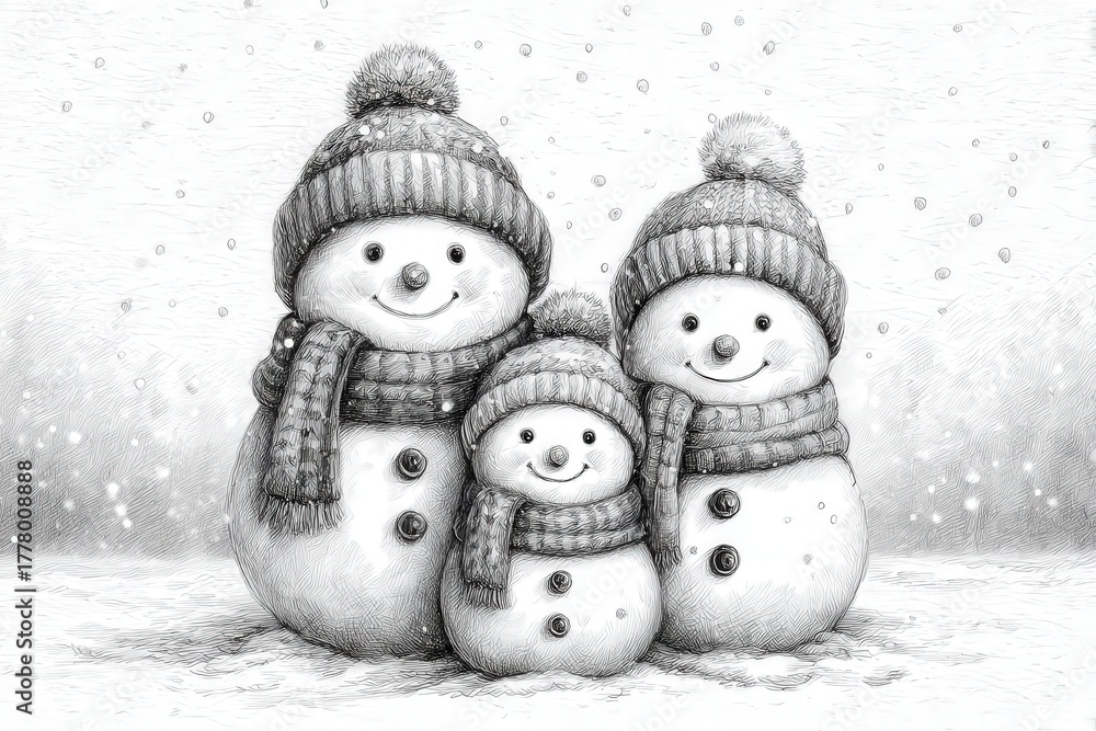 A cheerful family of three snowmen smiles in a snowy landscape. Each snowman wears a striped hat and cozy scarf. Soft snowflakes drift down, creating a dreamy winter atmosphere.