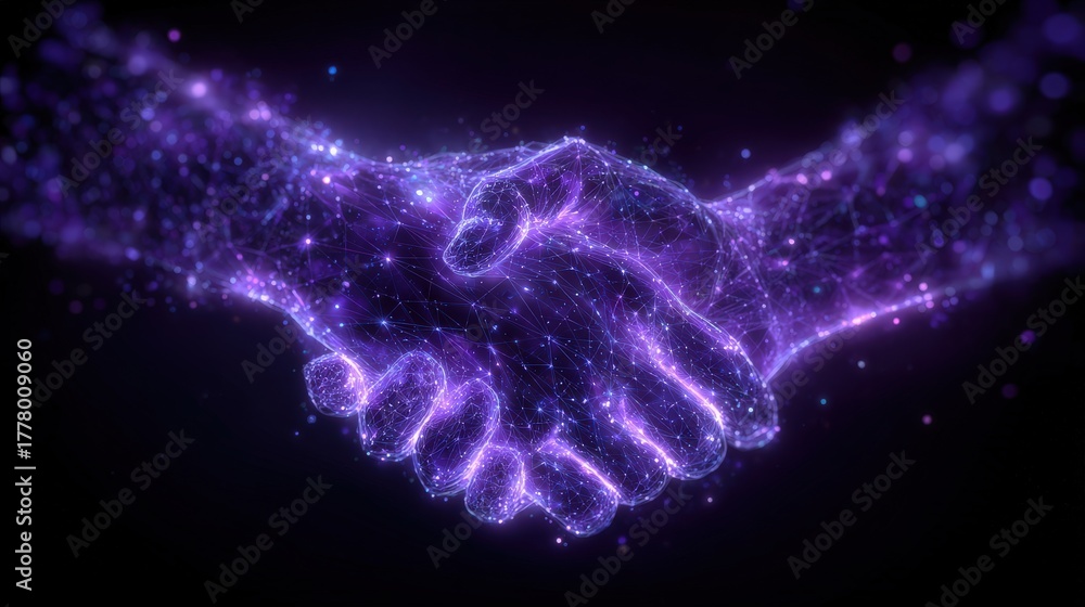 Two hands appear to shake in a bright, glowing display of purple and blue particles. This symbolizes unity, partnership, and the digital age of communication and collaboration.
