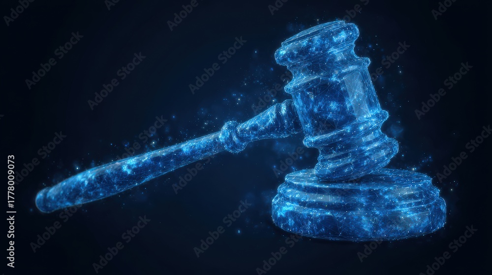 A glowing blue gavel is placed on a round base, surrounded by sparkling particles. This scene symbolizes justice and the legal system in a modern digital context.