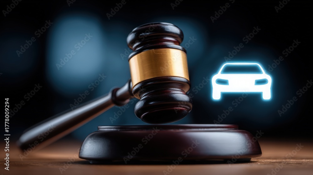A gavel is positioned on a wooden block, symbolizing authority and justice. In the background, a glowing car icon suggests legal issues related to automobiles and the automotive industry.