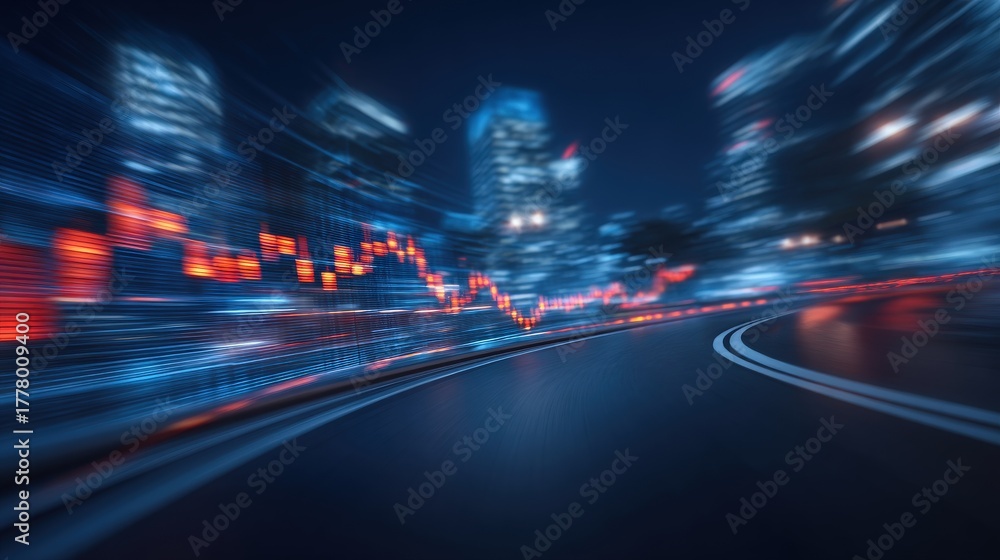 Bright lights illuminate a city skyline at night, blending with graphical data trends. Roads curve while abstract financial data shows fluctuations, symbolizing dynamic market movement.