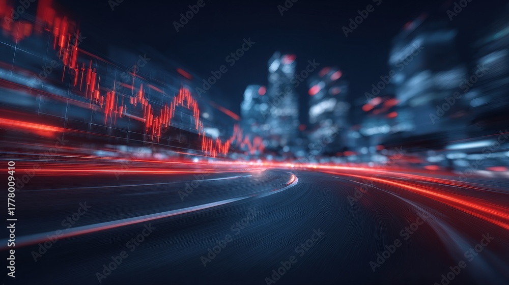 A cityscape at night features tall buildings and illuminated streets. Red light trails create a sense of speed, while a financial graph overlays the scene, showing upward and downward trends.