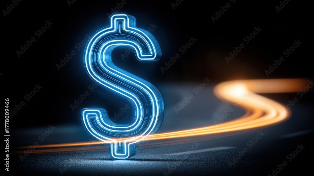 A glowing neon dollar sign stands prominently on a dark, winding road. Streams of light create an impression of movement in the background, enhancing the night scenes vibrancy.