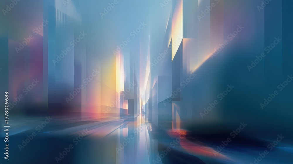 A surreal urban landscape with tall buildings stretching towards a dusky sky. Light reflects off surfaces creating an ethereal atmosphere, blending colors and shapes.