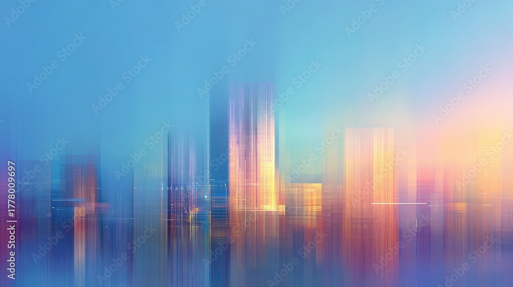 A stunning view of a city skyline during sunset shows tall buildings illuminated by warm hues. The scene is artistically blurred, emphasizing the transition of light and color in the sky.