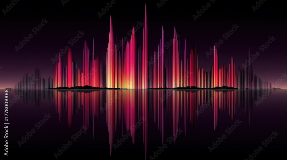 This artwork depicts a vibrant soundwave pattern that rises sharply with peaks of pink, purple, and orange. The design is mirrored in a reflective surface, enhancing the visual impact.