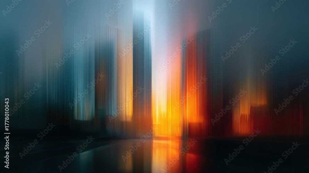 Tall buildings rise against the backdrop of a colorful sunset, with soft, blurred edges giving an abstract feel. The warm colors of orange and blue blend beautifully in the evening sky.