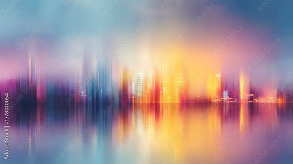 A stunning skyline features colorful lights reflected in serene water at twilight. Buildings blend with soft hues creating a dreamy atmosphere, inviting viewers to experience urban beauty.