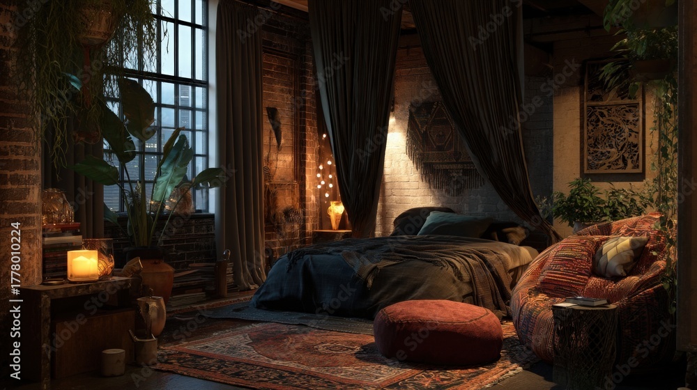 The scene shows a cozy bedroom featuring soft bedding, warm lighting, and lush plants. A comfortable seating area invites relaxation, while decorative elements enhance the inviting atmosphere.