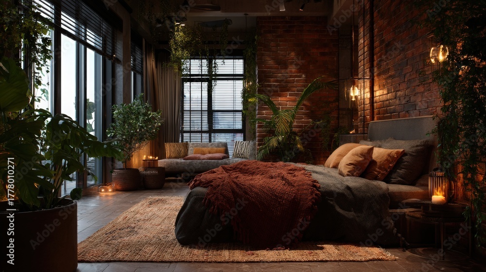 A cozy bedroom features a warm color palette with plush bedding, soft lighting, and a mix of plants. Large windows provide natural light while brick walls add character to the space.