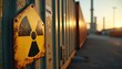 © Maryna - Radioactive hazard sign attached to a container at an industrial site. The yellow warning symbol indicates nuclear material presence. Photo shows risk danger storage safety and environmental concerns.