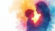 © Maryna - Mother holds child close in abstract watercolor splash art. Vibrant colors express love and bonding. Represents maternal mental health awareness, postpartum support, and family connections.