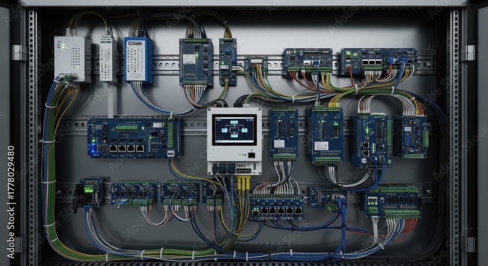 Depiction of urban communications with complex wiring and electronics ...