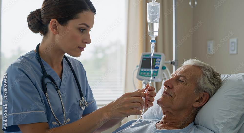 caring nurse attending to elderly patient with iv drip in hospital room ...