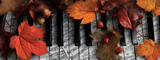 A musical keyboard surrounded by autumn leaflets, music sheets, and a poster drawing
