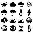 © CrazyJuke - Weather Icons: An array of simple yet universally recognizable icons representing various weather conditions and elements. The image aims to be versatile and informative.