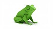 © Hungarian - Bright green paper sculpture of an amphibian rests on a white background