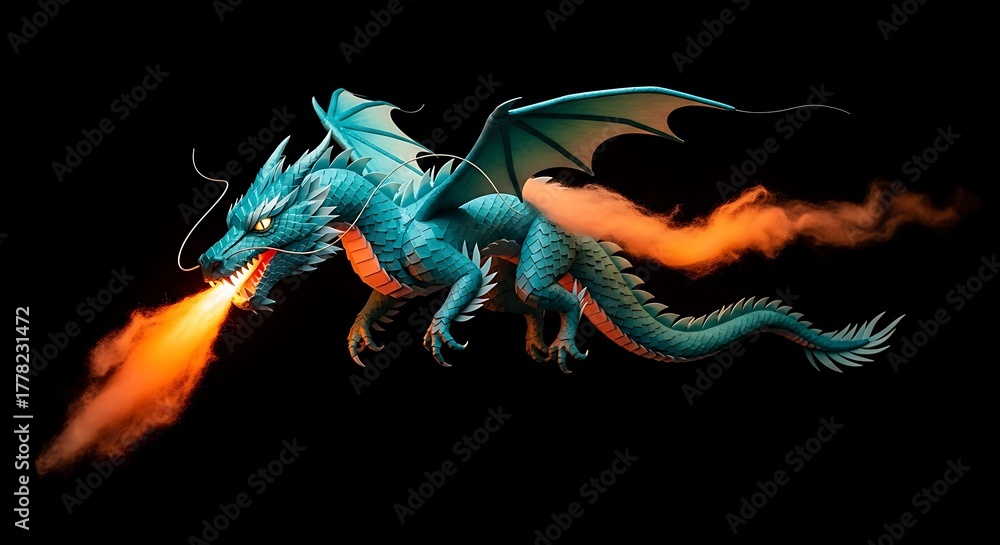 Fierce Blue Dragon Breathing Fire on Black Background Stock Photo ...