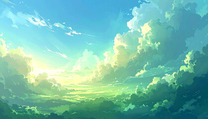  A beautiful summer day with a few clouds in the sky the sun is shining brightly and the birds are singing the trees are green and lush
1