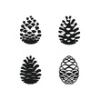 © Nasima - Simple black pine cone icon collection. A set of four stylized forest elements isolated on a white background. Conceptual design for nature, winter, and holiday themes