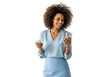 © Songpong - Woman holding phone and card isolated on transparent background