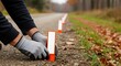 © velikiyzayats - Person in protective gloves carefully placing an orange reflective marker along the edge of a dirt road, with a line of similar markers extending into the autumn forest background.