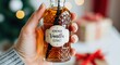 © MT - Woman's hand holding a small glass bottle of homemade vanilla extract with a vanilla bean, against a festive holiday background.