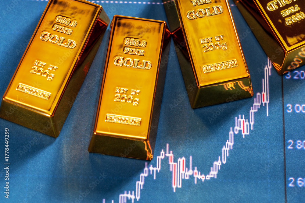 Rising gold price concept. Top view of gold bars with financial growth ...