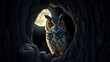 © Lay - passivity. An owl with intense gaze guarding a tree hollow in moonlight, detailed feathers and ancient oak bark. wildlife magazines, conservation campaigns, designed for eco-tourism storytelling.