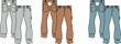 © Tahsin - Collection of three pairs of work pants in different colors grey, brown, and blue, displayed front-on