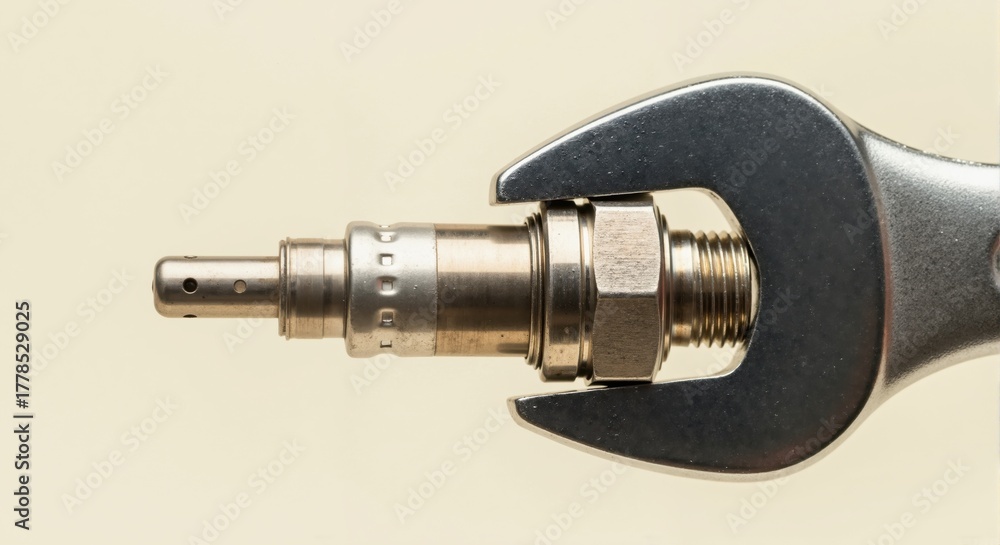 New oxygen sensor or lambda probe with a spanner. Automotive part for car service and engine diagnostics