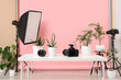 © Pixel-Shot - Table with professional equipment, houseplants and pink backdrop in modern photo studio