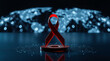 © Ananthi - Vibrant Red Ribbon, Symbol of AIDS HIV Awareness, Elevated on a Glowing Digital Pedestal with Network Connections, Set Against a Dark, Globally Connected World Map Background