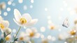 © pariimage - 85.A close-up, high-definition image of a white anemone flower, with its vivid yellow stamens, and a butterfly landing gently on the petals, set against a soft blue sky filled with circular bokeh