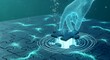 © Graphic - Digital transformation and abstract business strategy. Problem solving and innovation. Holographic hand placing a puzzle piece into a glowing hole in a jigsaw