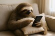 © mochimugi - Relaxing Scene of a Sloth Using a Smartphone on a Sofa