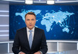 © Dika - Professional news anchor delivering critical global news and current affairs from a modern television studio, symbolizing worldwide communication and information flow through digital networks
