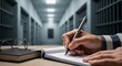 © olga - A person writing a document in a prison setting, with bars and cells in the background.