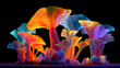© Trendy Graphics - A dense grouping of fantastical, glowing mushrooms displays a spectrum of warm oranges, reds, and cool blues, illuminating a dark, mysterious environment with their inner light