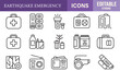 © UNIQUEstore - Line art vector icons of earthquake relief and rescue essentials for safety, survival, and aid illustrations.