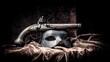© tian - flintlock. Antique flintlock pistol and black mask arranged on faded velvet fabric, historical still life. event programs, museum guides, designed for cultural heritage projects and event programs.