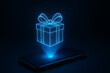 © shiva - Holographic gift box projection above smartphone glowing in dark background, futuristic digital present concept symbolizing online shopping innovation, virtual holiday technology illustration with blu